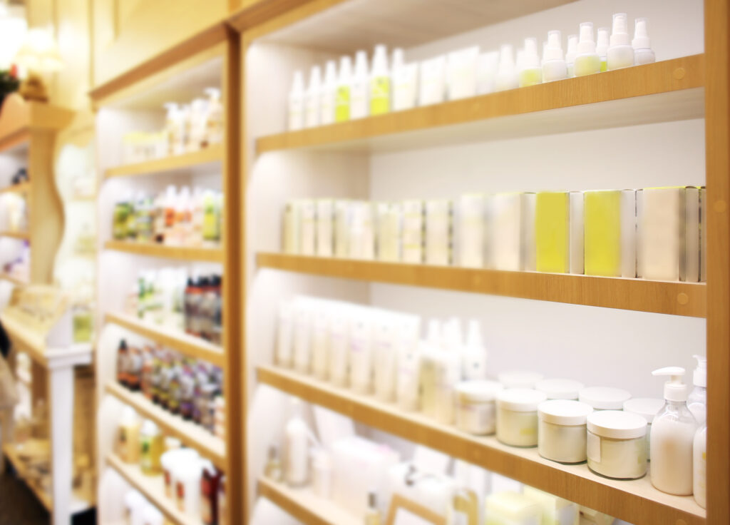 shelves at a hair salon filled with professional salon quality hair products